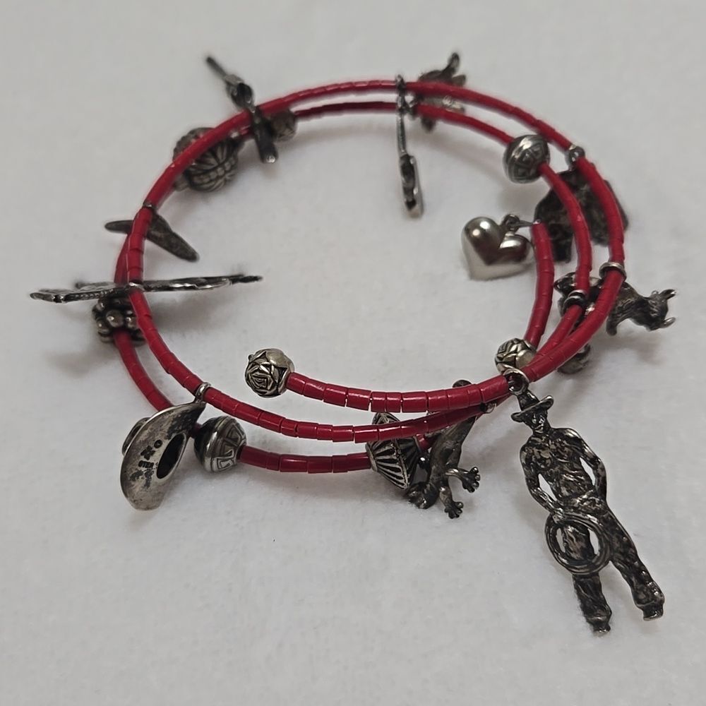 Coral and Sterling Silver Native American Charm Bracelet